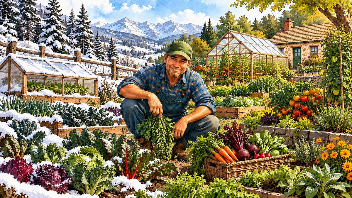 The Merritt Garden kitchen garden in early winter: cold frames, a hoop house and a basket of roots