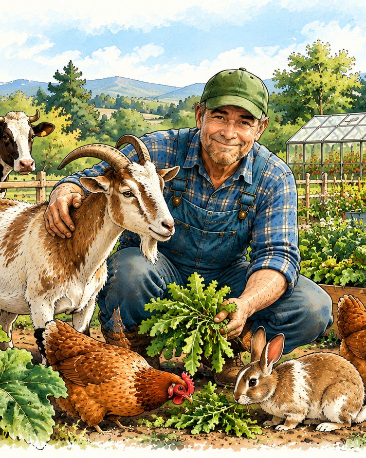 The Merritt Garden farmer with his goat, hens and rabbit in the kitchen garden